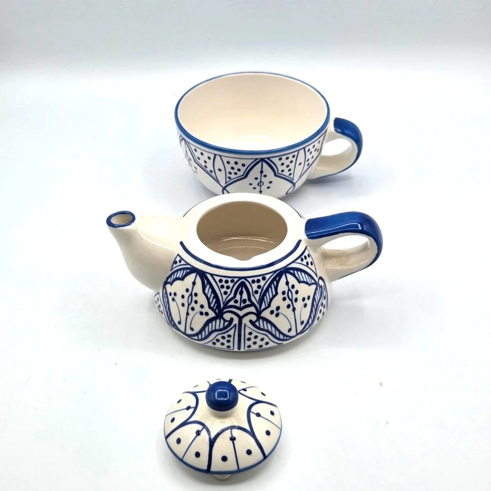 VINTAGE Moroccan Inspired TeaPot Tea For One 3 Piece Blue & White‎ - Thailand